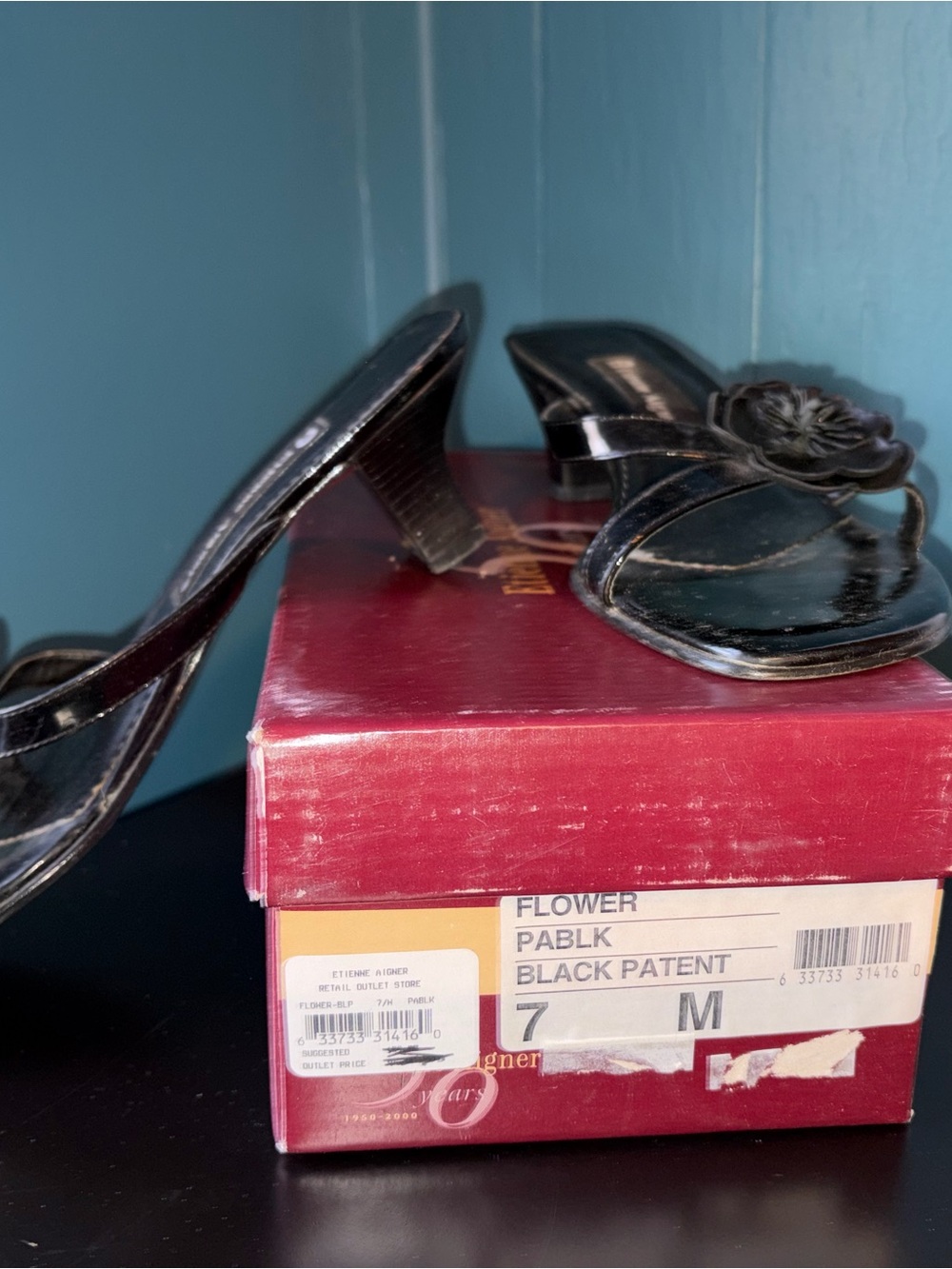 Etienne Aigner Black Patent Flower Slide Mules
